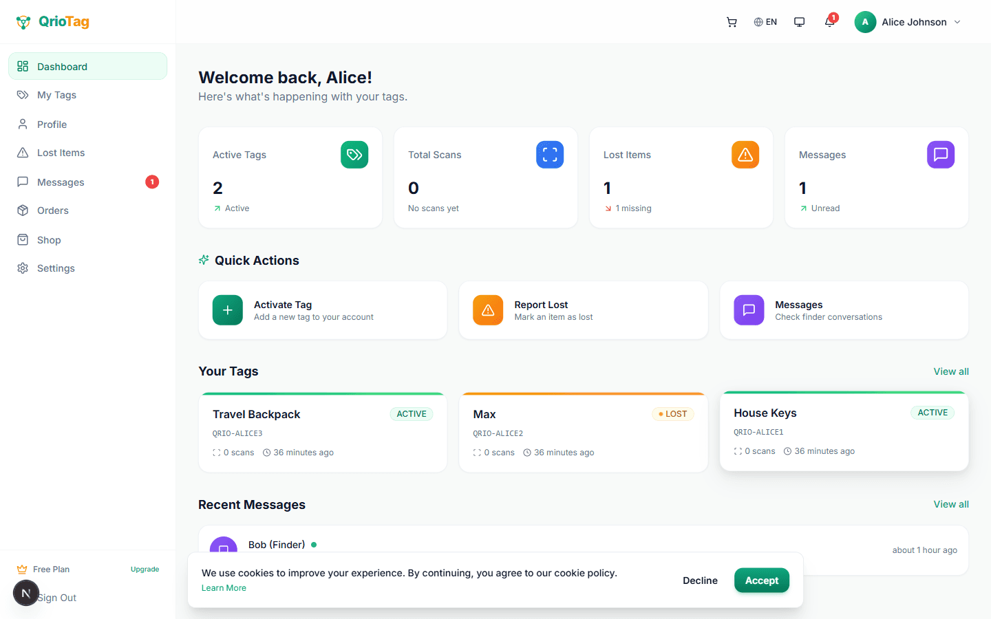 QrioTag dashboard
