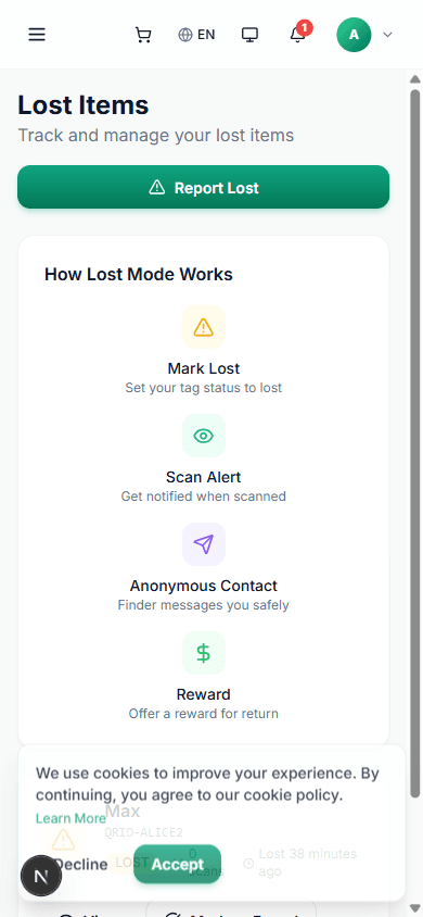 Report lost form on mobile